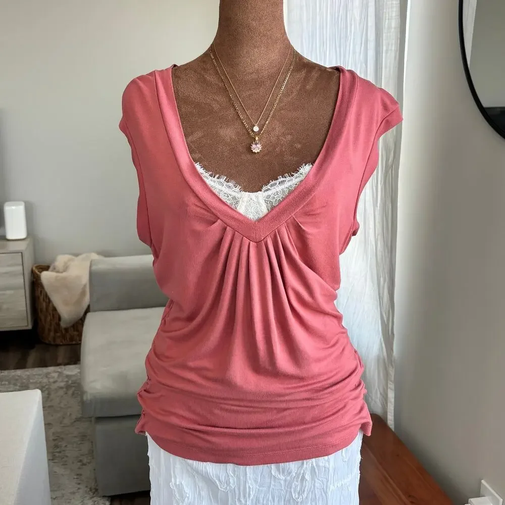 2000s New York & Company Ruched Draped Blouse Jersey Knit Soft Size Medium - Picture 2 of 7